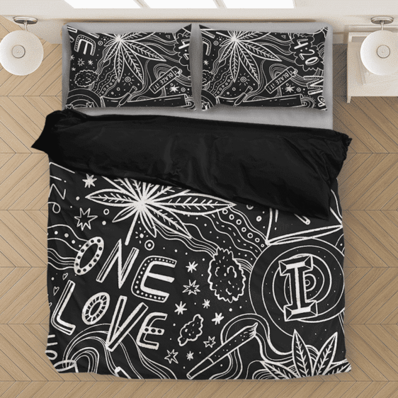 420 Blaze It One Love Marijuana Black & White Bedding Set