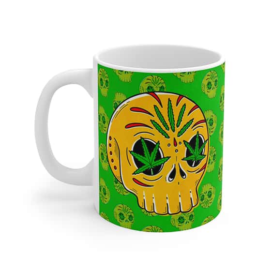 Badass Golden Skull Weed Pattern Artwork Ceramic Coffee Mug