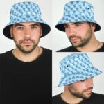 Badass Skeleton Hitting A Bong Pattern Light Blue Bucket Hat