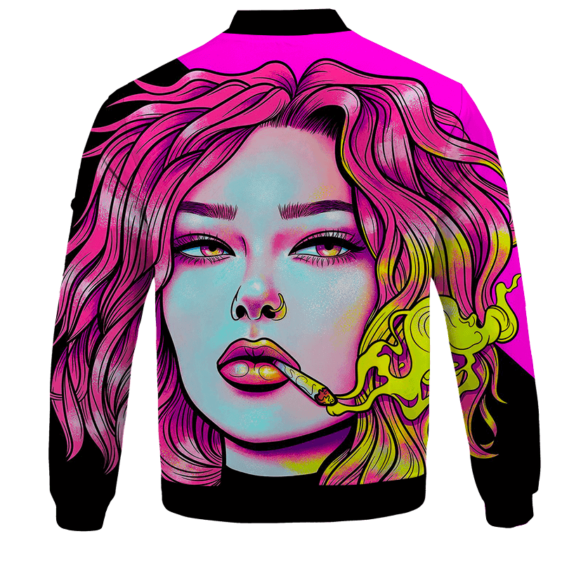 Cute Girl Smoking Joint Vector Art Pink Black Bomber Jacket - BACK