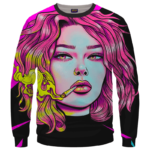 Cute Girl Smoking Joint Vector Art Pink Black Crewneck Sweatshirt