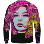 Cute Girl Smoking Joint Vector Art Pink Black Crewneck Sweatshirt - Back Mockup