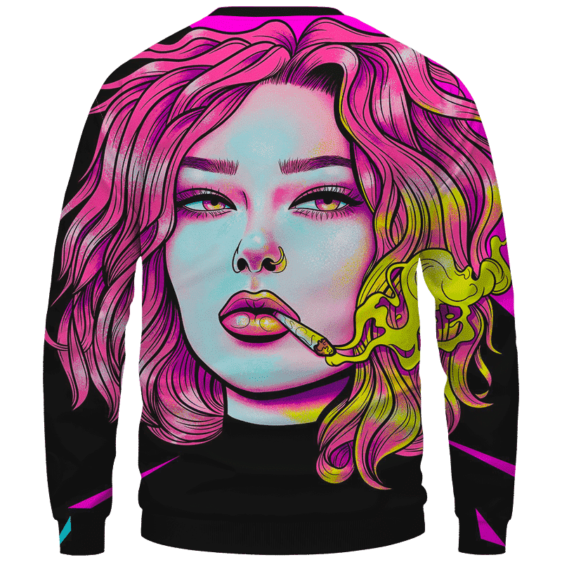 Cute Girl Smoking Joint Vector Art Pink Black Crewneck Sweatshirt - Back Mockup