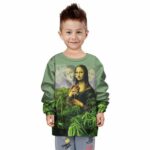 Dope Mona Lisa Enjoying Weed & Wine Kids Pullover Sweatshirt