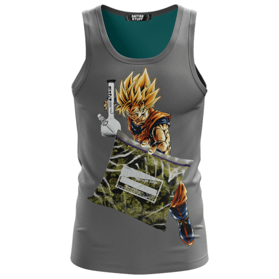 Dragon Ball Z Goku Holding Bong And Bag Of Weed Dope Gray Tank Top