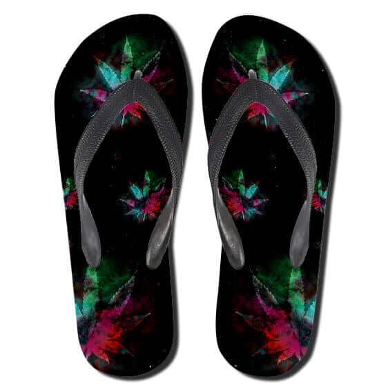 Cannabis Herb Multicolor Leaves Art Black Thong Slippers