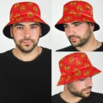 Golden Skull Hemp Marijuana Leaf Pattern Red Bucket Hat