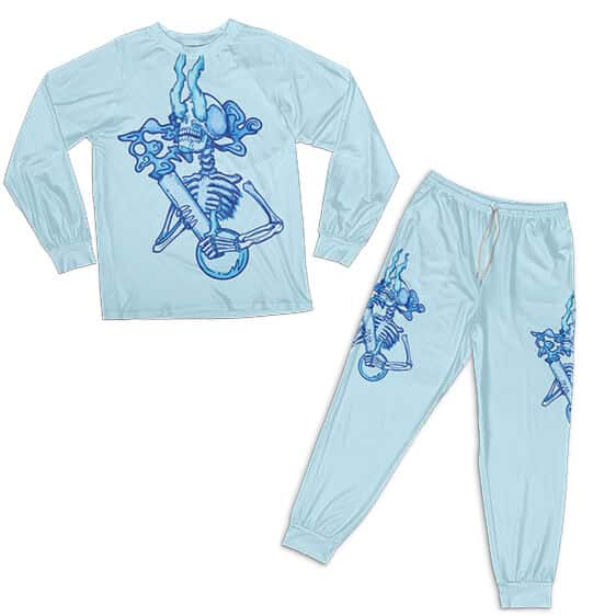 High Skeleton Holding A Bong Light Blue 420 Pajamas Set