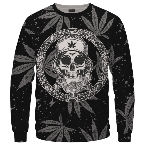 Hippie Skull Awesome Marijuana Leaves Pattern Dope Black Crewneck Sweater