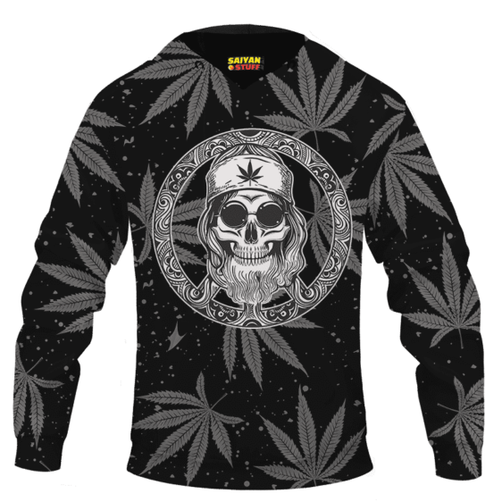Hippie Skull Awesome Marijuana Leaves Pattern Dope Black Hoodie