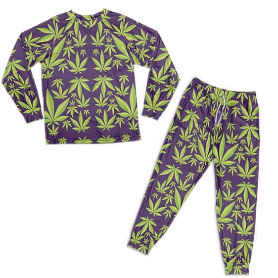 Hybrid Sativa Marijuana Leaf Pattern Purple Pajamas Set - Weed Clothing