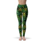 Stylish Marijuana Leaf Pattern Green Leggings
