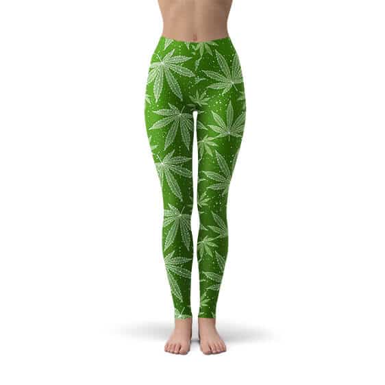 Sparkly Cannabis Leaf Pattern Green Leggings