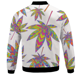 Marijuana Leaf Rainbow Colors All Over Print White Awesome Bomber Jacket -BACK