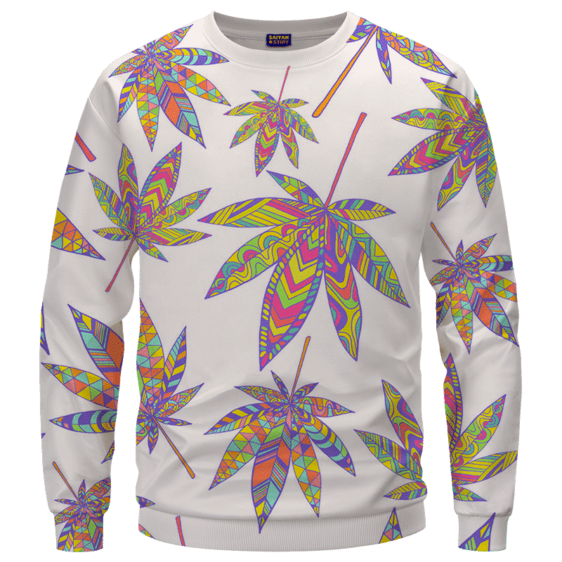 Marijuana Leaf Rainbow Colors All Over Print White Awesome Crewneck Sweater