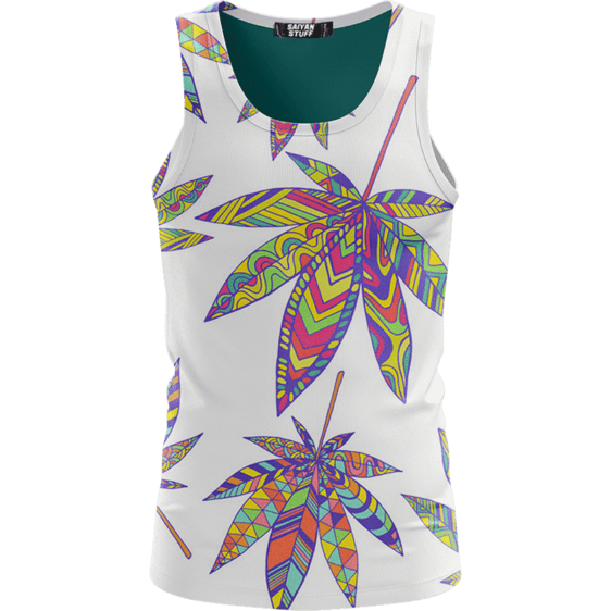 Marijuana Leaf Rainbow Colors On Print White Awesome Tank Top