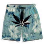 Beautiful Floral Marijuana Leaf Teal Men's Beach Shorts