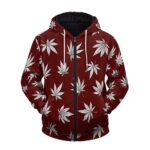 Marijuana Leaves All Over Print Dark Red Zip Hoodie Jacket