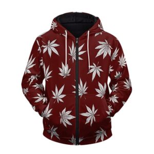 Marijuana Leaves All Over Print Dark Red Zip Hoodie Jacket