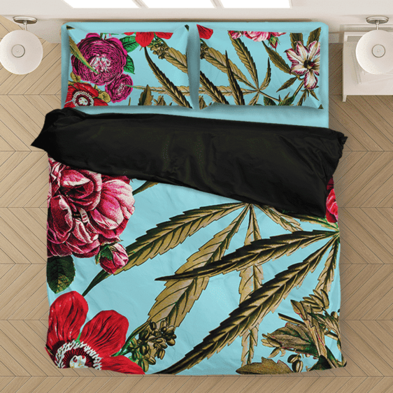 Marijuana Weed 420 Hemp Floral Pattern Sky Blue Bedding Set