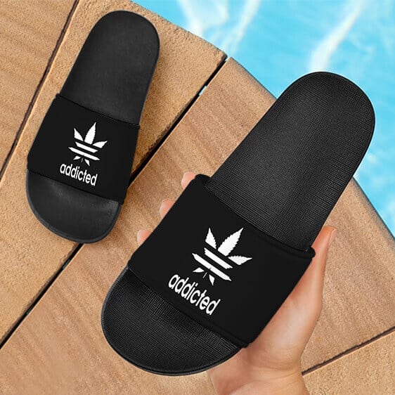 Weed Adidas Addicted Logo Black 420 Marijuana Slide Sandals