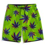 Neon Green Camouflage 3D Weed Pattern 420 Marijuana Beach Shorts