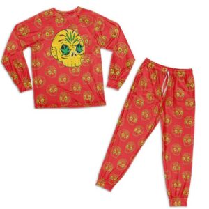 Psychedelic Skull Weed 420 Pattern Red Pajamas Set