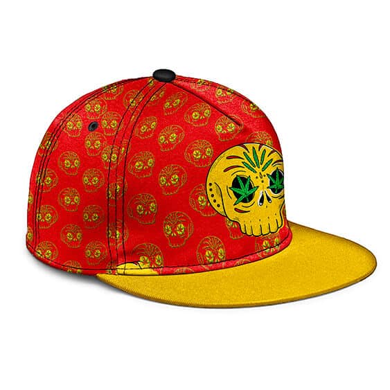 Calavera Skull Cartoon Weed Pattern Red Snapback Hat