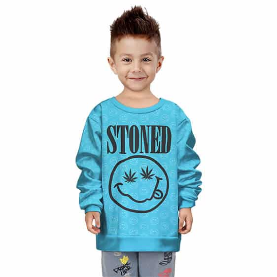 Stoned On Weed Smiley Face Caribbean Blue Kids Sweatshirt