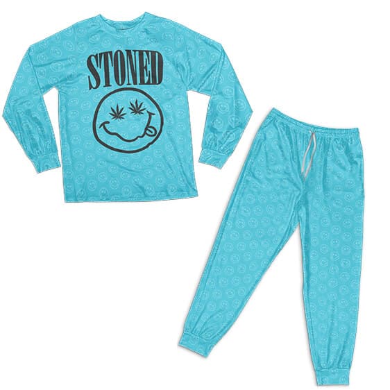 Stoned High Emoji Logo Pattern Marijuana Nightwear Set