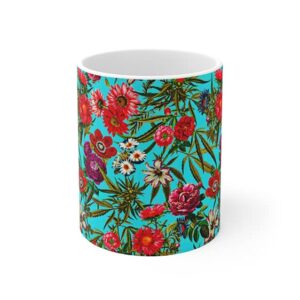 Stunning Floral Marijuana Leaf & Rose Art Ceramic Coffee Mug