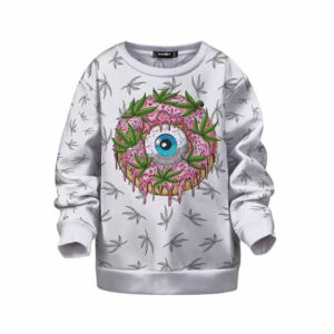 Trippy Doughnut Eyeball Weed Pattern White Kids Sweatshirt