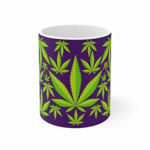Vibrant Cannabis Weed Leaves Pattern Purple Ceramic Mug
