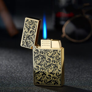 Silver Gold Flower Vine Design Blue Flame Windproof Lighter for Weed
