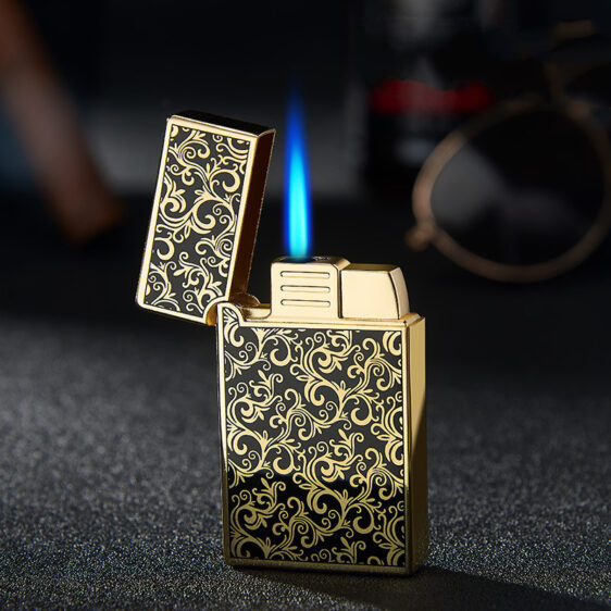 Silver Gold Flower Vine Design Blue Flame Windproof Lighter for Weed