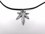 Antique Silver Leather Cord Necklace With Weed Leaf Pendant