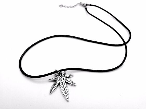 Antique Silver Leather Cord Necklace With Weed Leaf Pendant