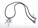 Antique Silver Leather Cord Necklace With Weed Leaf Pendant