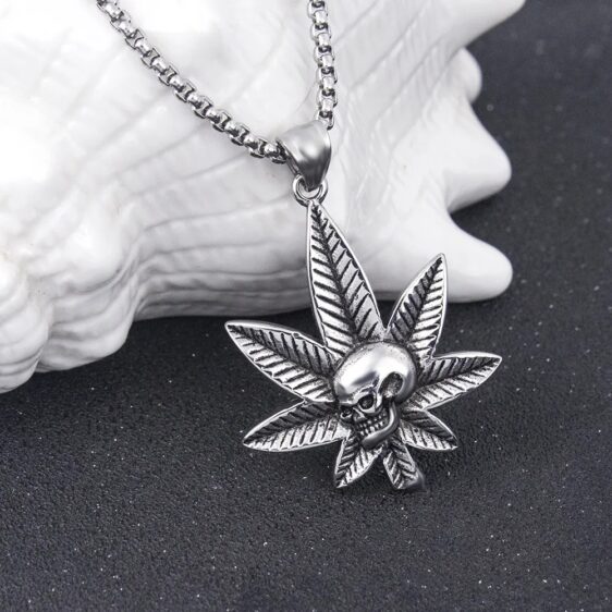 Cannabis Skull Skeleton Weed Leaf Silver Pendant Necklace