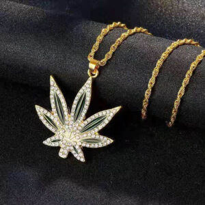 Gold Color Rhinestone Weed Leaf Necklace Pendant for Men