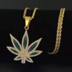 Gold Color Rhinestone Weed Leaf Necklace Pendant for Men