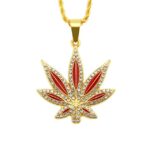 Gold and Red Pot Leaf Rhinestone Pendant and Necklace