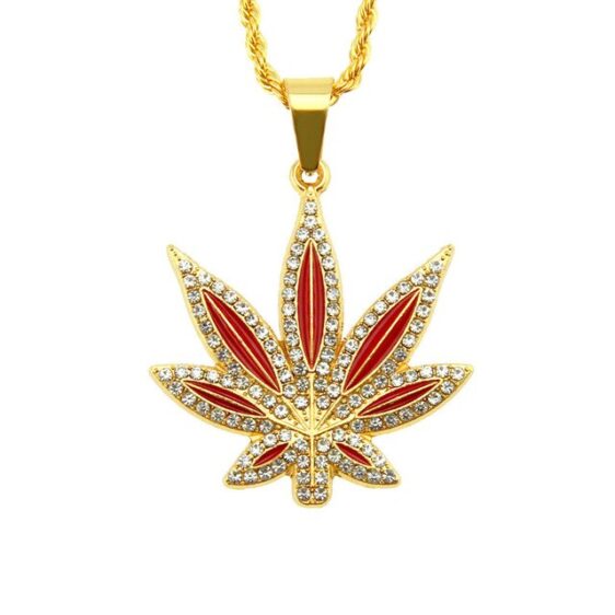 Gold and Red Pot Leaf Rhinestone Pendant and Necklace