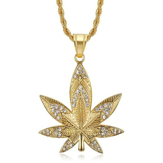 Rhinestones Hip Hop Weed Leaf Gold Color Necklace and Chain