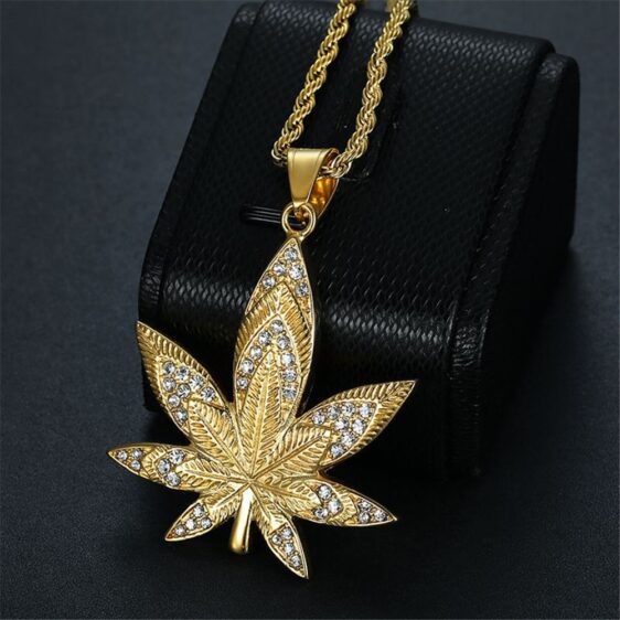 Rhinestones Hip Hop Weed Leaf Gold Color Necklace and Chain