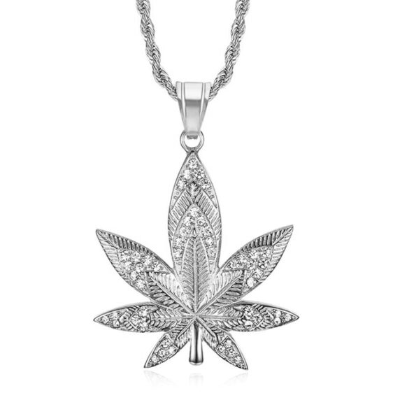 Rhinestones Hip Hop Weed Leaf Silver Color Necklace and Chain
