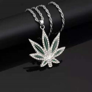 Silver Color Rhinestone Weed Leaf Necklace Pendant for Men