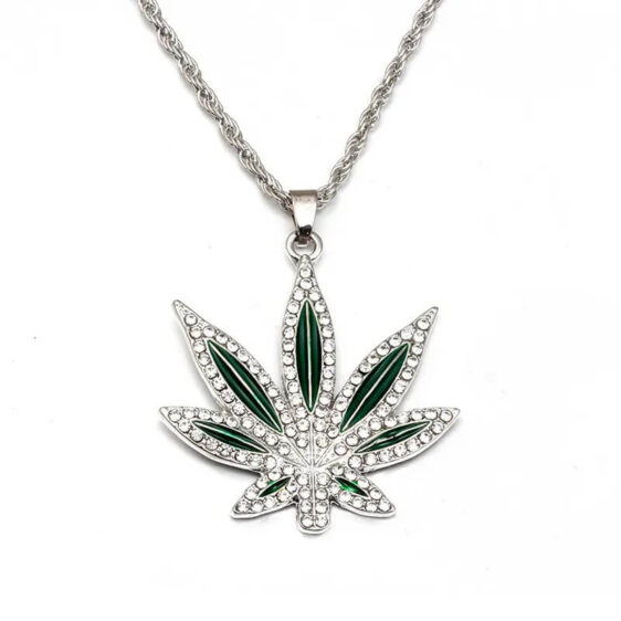 Silver Color Rhinestone Weed Leaf Necklace Pendant for Men
