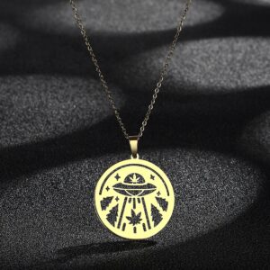 UFO Alien Spaceship Gold Plated Weed Pendant for Women
