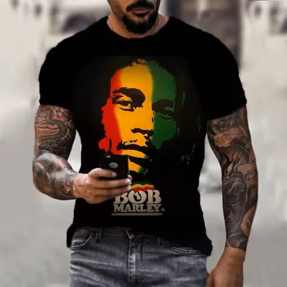 Bob Marley Face Silhouette Rasta Flag Graphic Men's T-Shirt